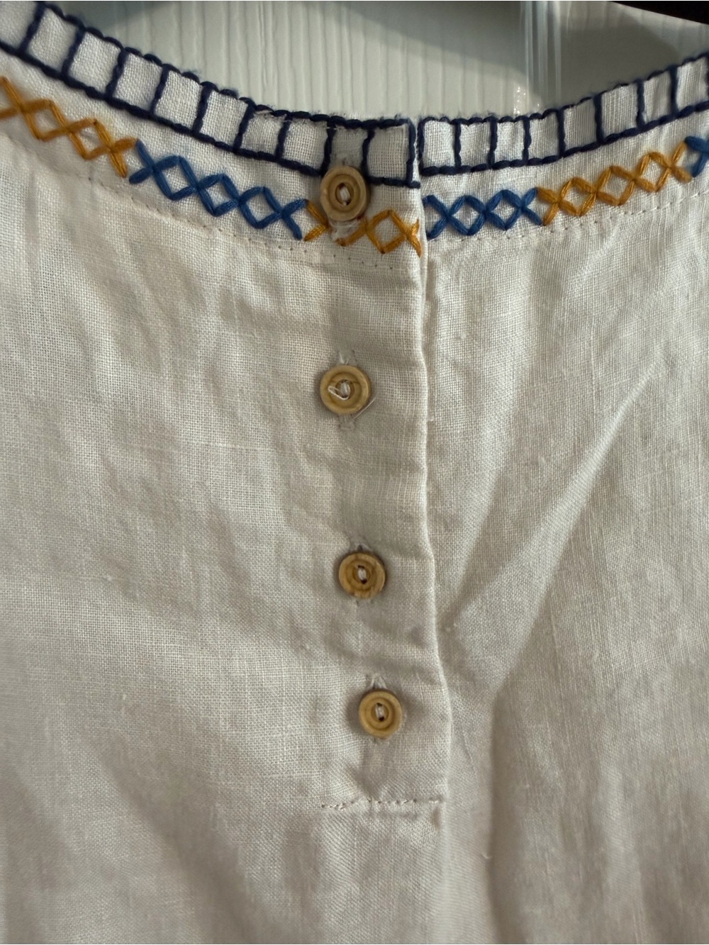 White Embroidered Sleeveless Linen Dress with Blue & Yellow Trim - Picture 4 of 7